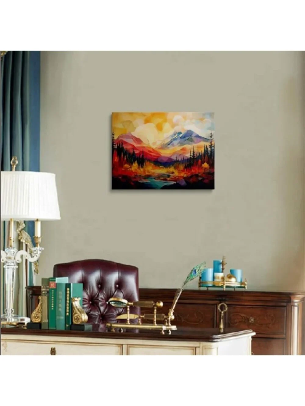 Abstract Mountain Sunset Canvas Art - Framed Geometric Peaks & River Decor 16x24